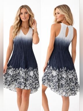 Nwt Cino Dip-Dye Floral Cotton Dress Hi Lo Hem Intreccio Print